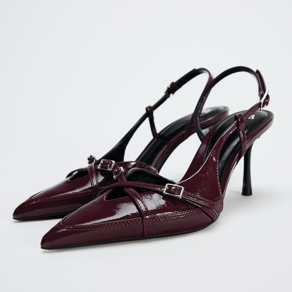 Zara Burgundy BUCKLED STRAP HEELED SHOES - Picture 4 of 10